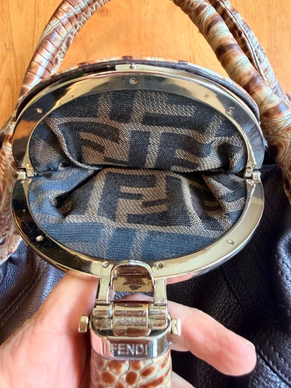 Fendi Spy Bag Brown Pebbled Leather Crocodile Embossed Trim Satchel Handbag